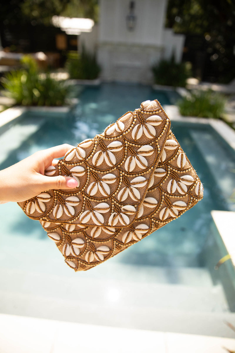 Cowry Shell Burlap Clutch