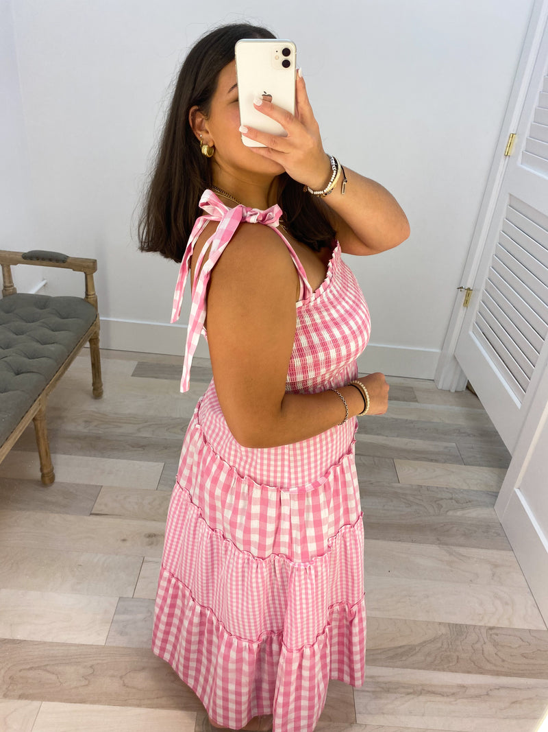 In A Barbie World Gingham Smocked Maxi Dress