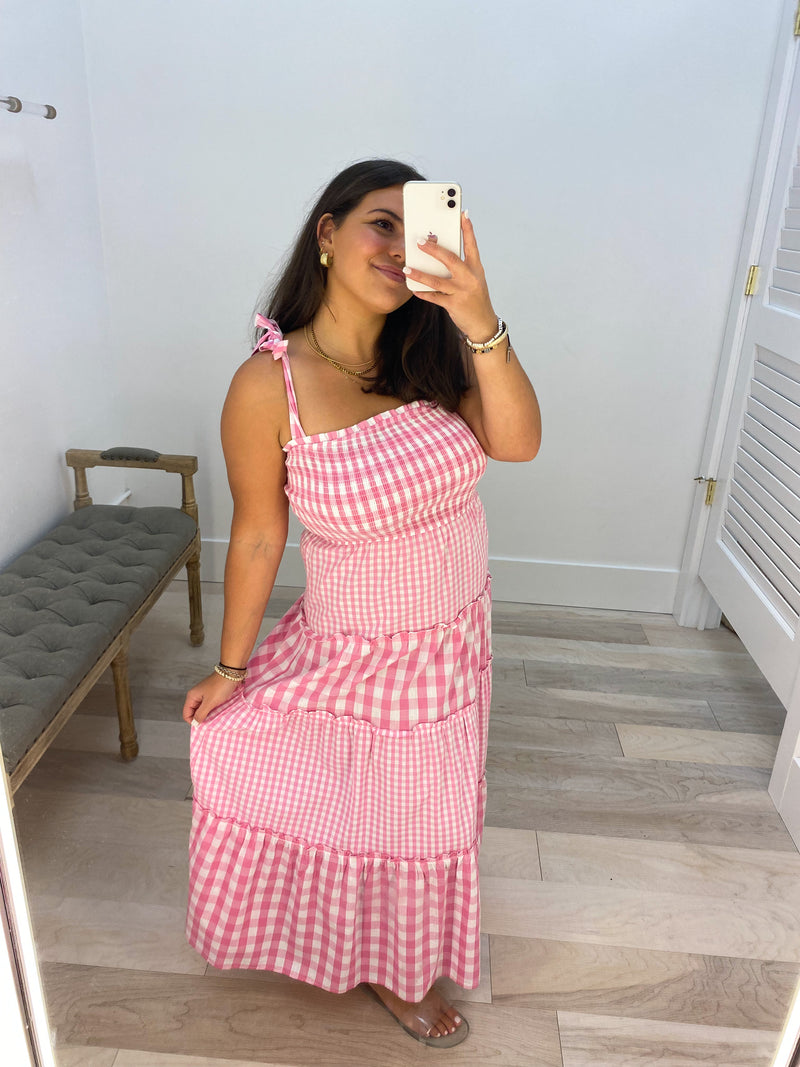 In A Barbie World Gingham Smocked Maxi Dress