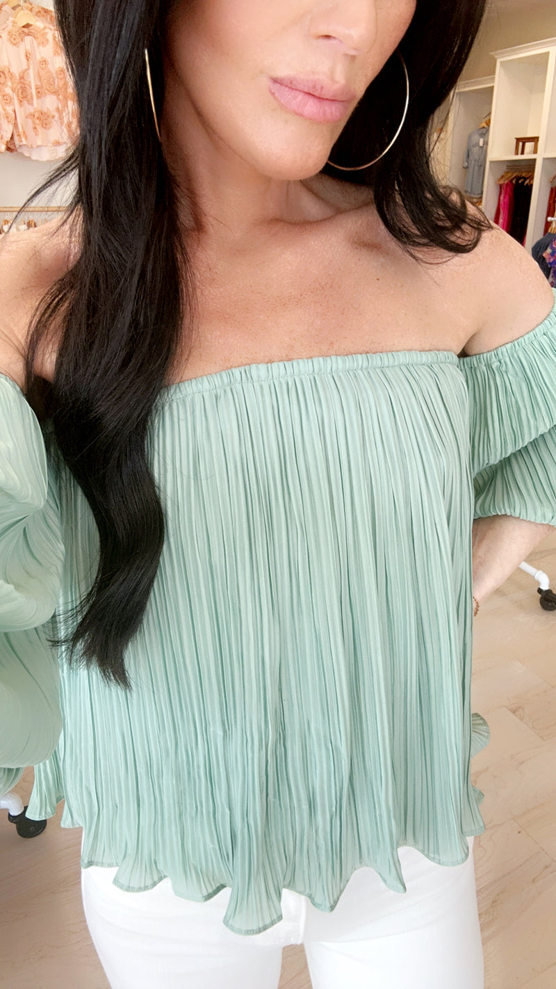 Off The Shoulder Pleated Satin Top