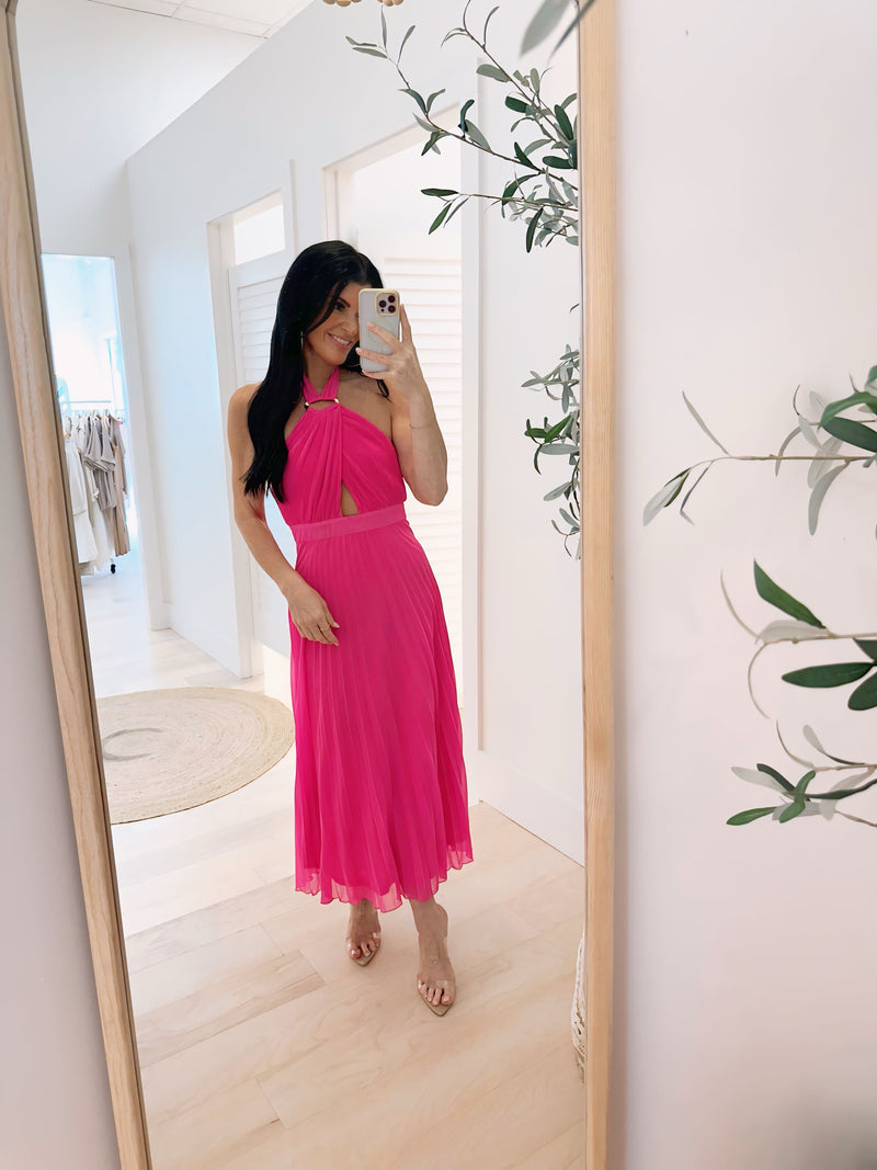 Peek A Boo Halter Pleated A-Line Midi Dress