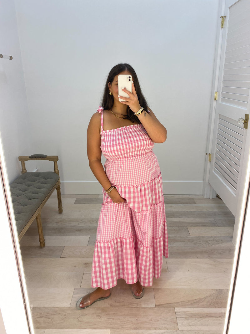 In A Barbie World Gingham Smocked Maxi Dress