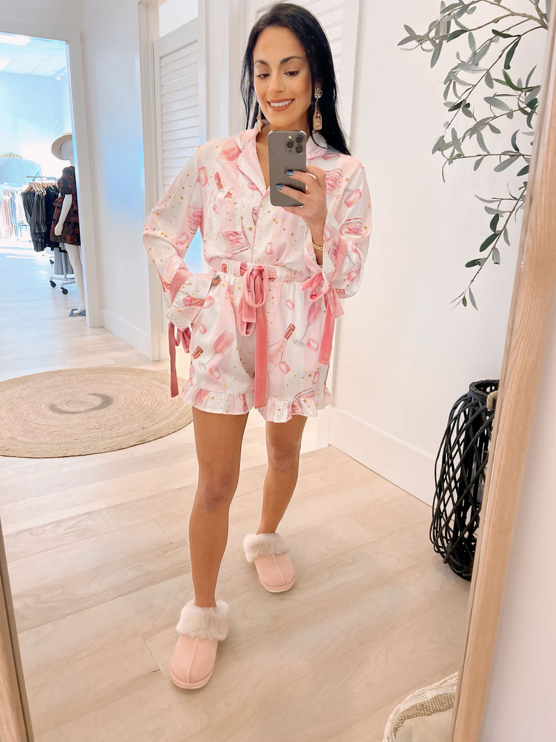 Champagne Cheers Satin Pajama Top W/ Bow Cuffs