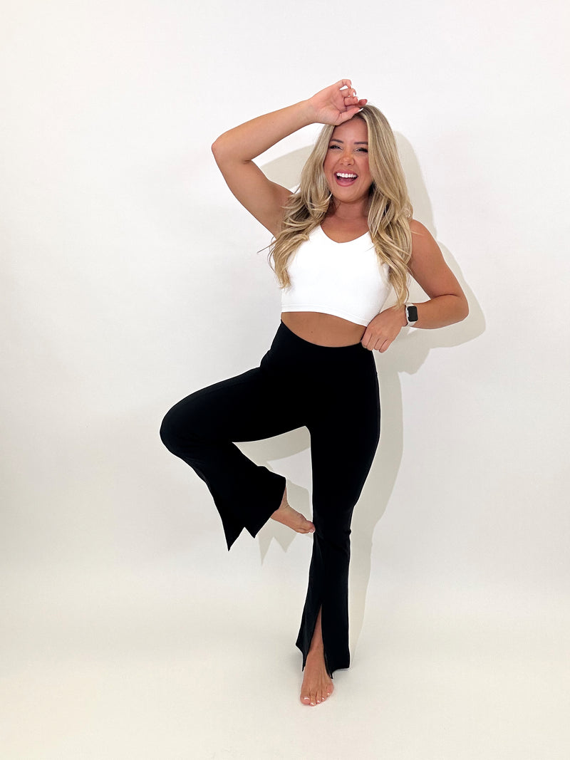 High Waisted Flare Front Slit Leggings