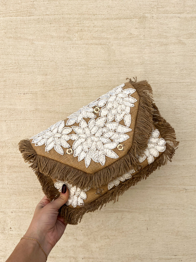 Floral Applique Jute Clutch