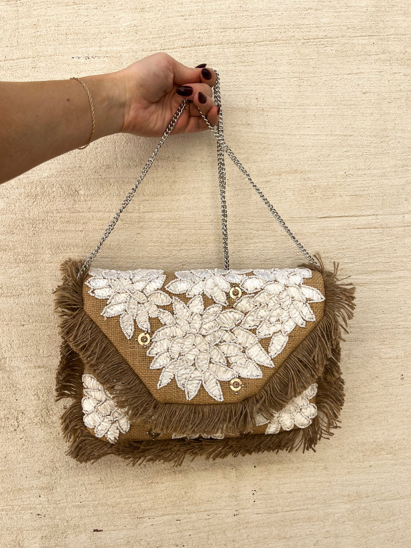 Floral Applique Jute Clutch