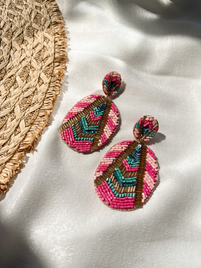 Pattern Beaded Oval Earrings