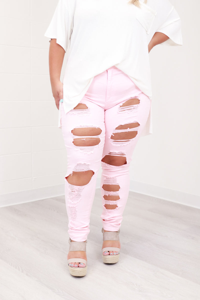 Pink Distressed Denims