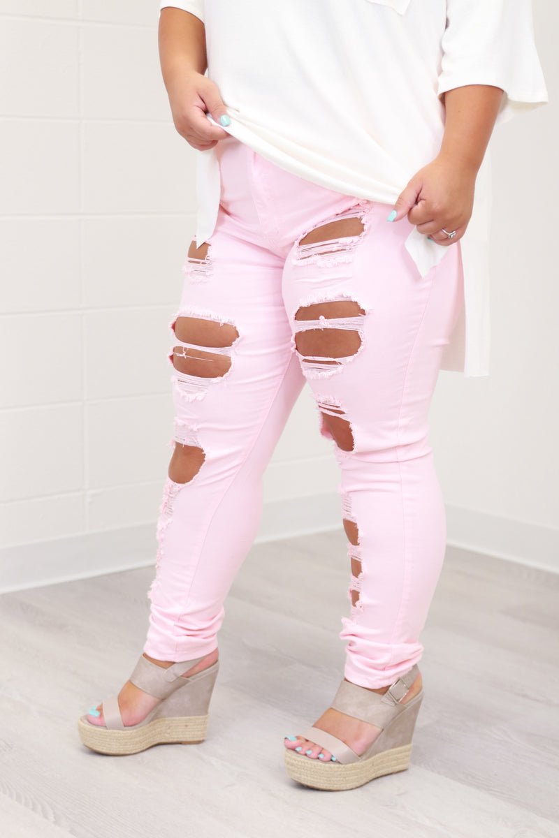 Pink Distressed Denims